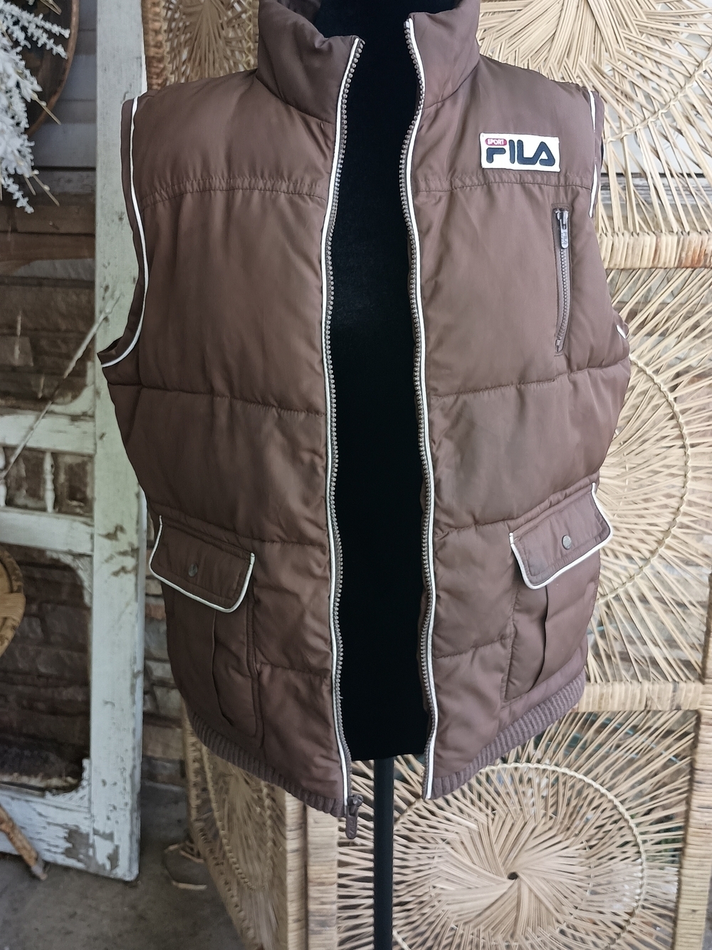 Vintage FILA Brown Quilted Puffer Vest with White Trim_Large